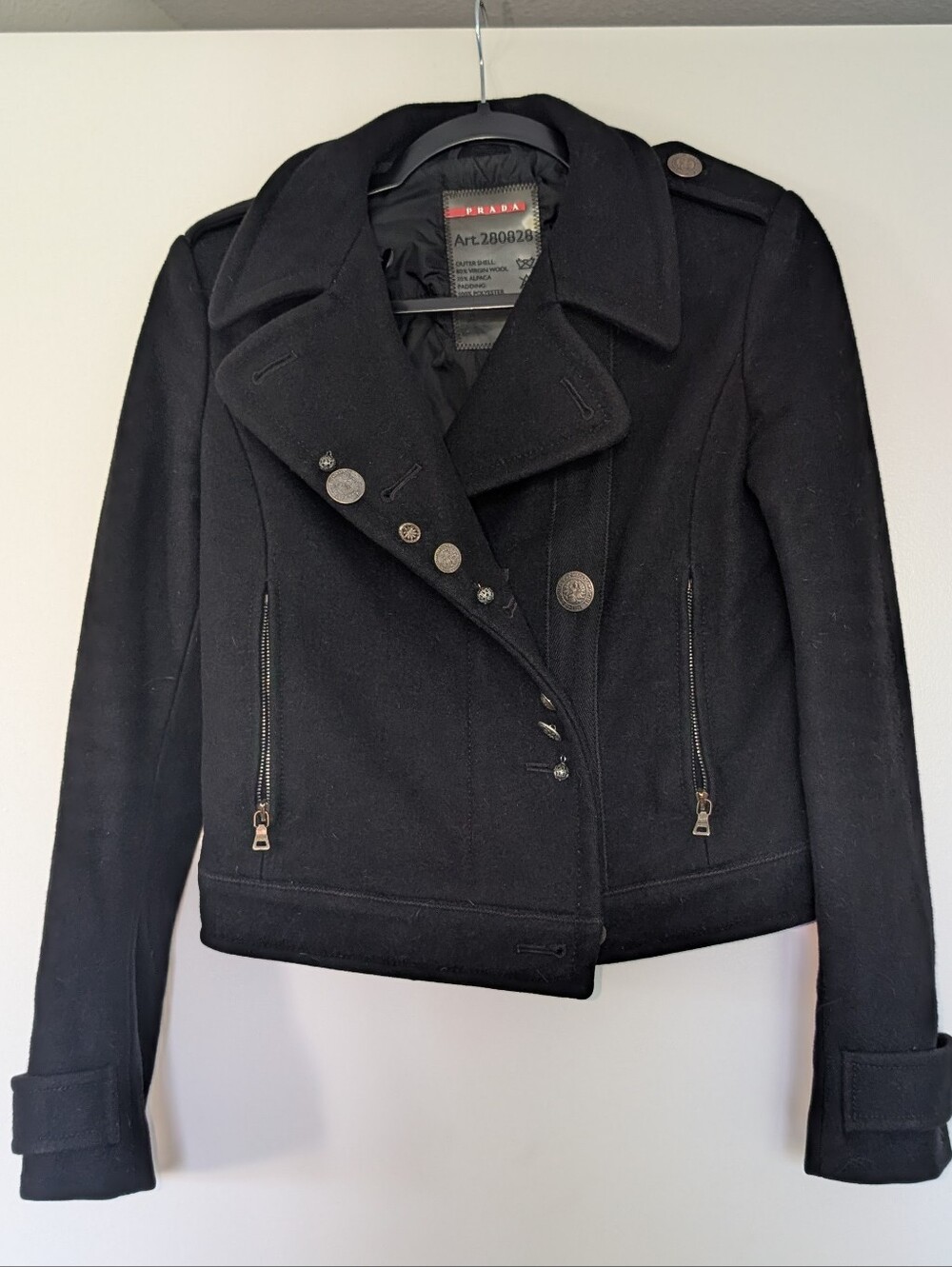 PRADA Milano Black Wool Alpaca Cropped Moto Military Jacket Art 280828 Tg 38 US - Picture 3 of 11
